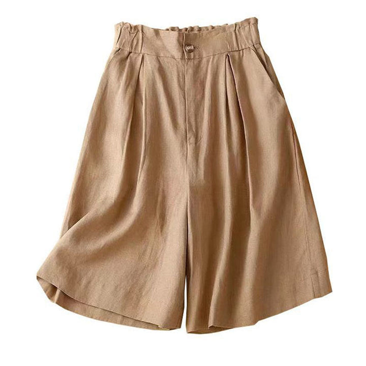 Buddha Stones Plain Color Pleated Zipper Button Cotton Linen Women's Shorts With Pockets - image 9