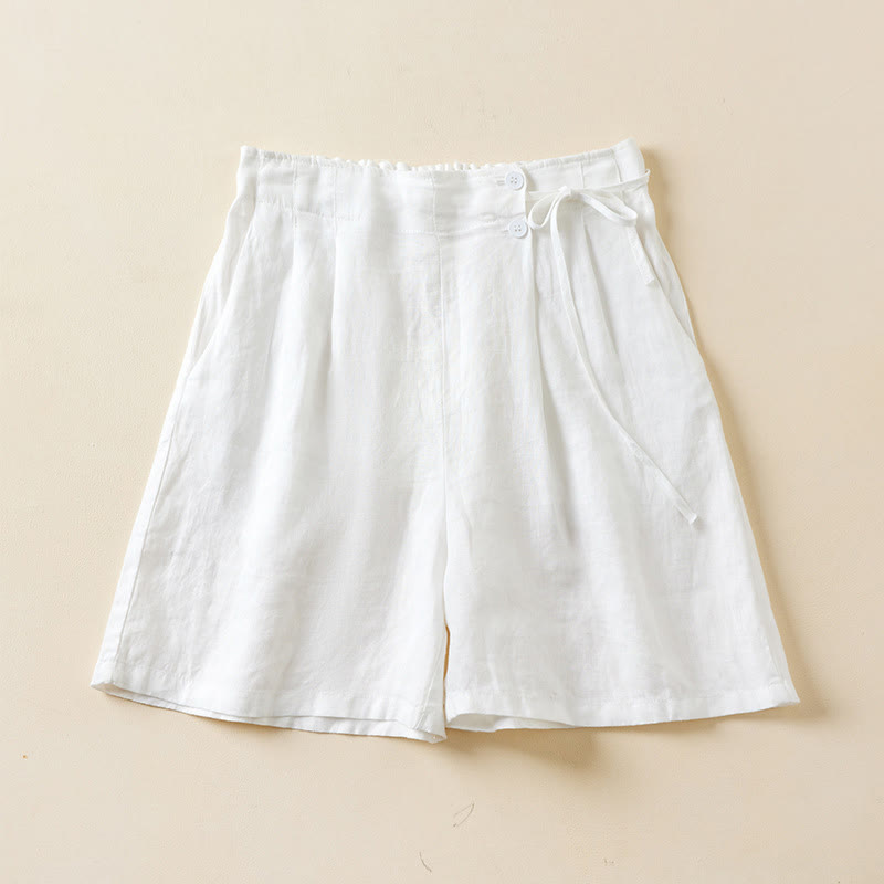 Buddha Stones Solid Color Two Buttons Lace-up Cotton Linen Women's Shorts With Pockets