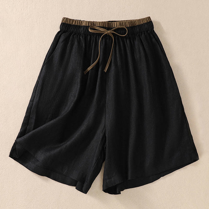 Buddha Stones Solid Color Contrast Color Waist Lace-up Cotton Linen Women's Shorts With Pockets - Black - US8-10，UK/AU12-14，EU40-42 (2XL) - image 9