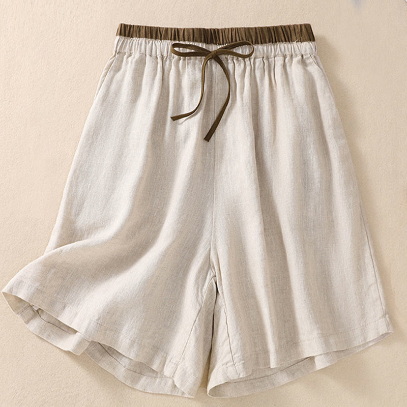 Buddha Stones Solid Color Contrast Color Waist Lace-up Cotton Linen Women's Shorts With Pockets - Beige - US8-10，UK/AU12-14，EU40-42 (2XL) - image 3