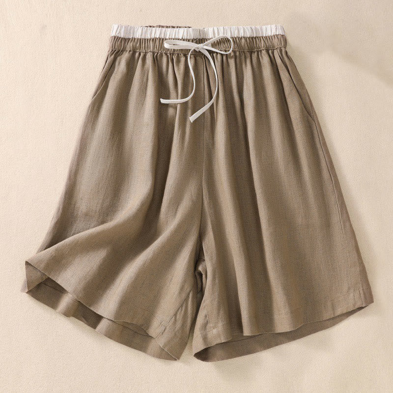 Buddha Stones Solid Color Contrast Color Waist Lace-up Cotton Linen Women's Shorts With Pockets - DarkKhaki - US8-10，UK/AU12-14，EU40-42 (2XL) - image 1
