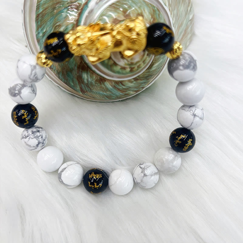 Buddha Stones Vintage White Turquoise Black Onyx Pixiu Beads Blessing Bracelet