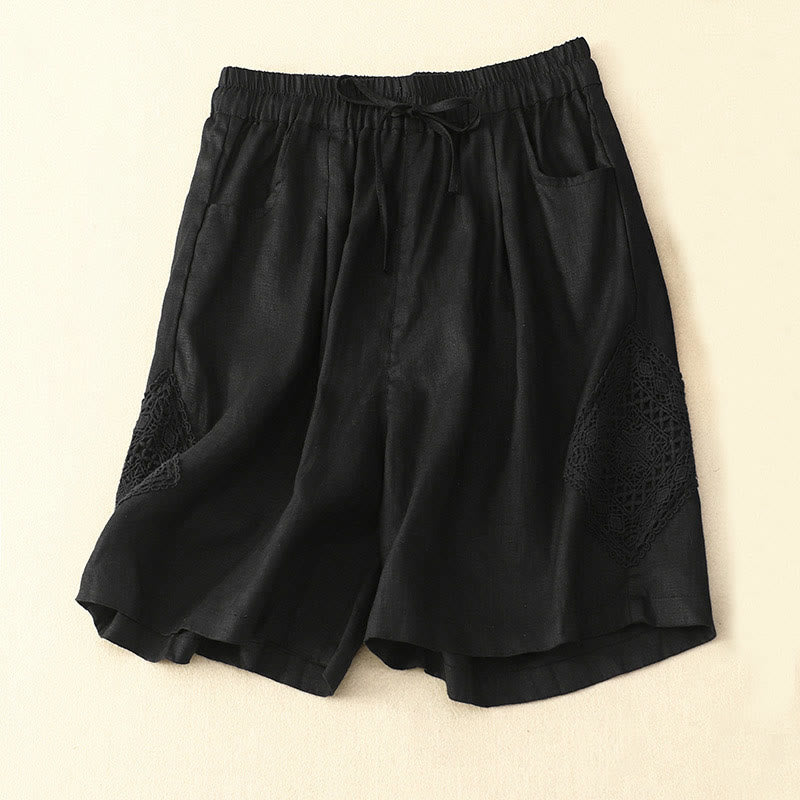 Buddha Stones Casual Solid Color Side Hollow Design Lace-up Cotton Linen Women's Shorts With Pockets