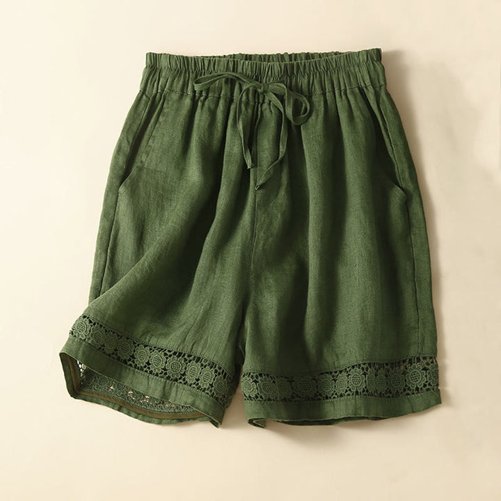 Buddha Stones Plain Color Bottom Hollow Lace Design Lace-up Cotton Linen Women's Shorts With Pockets