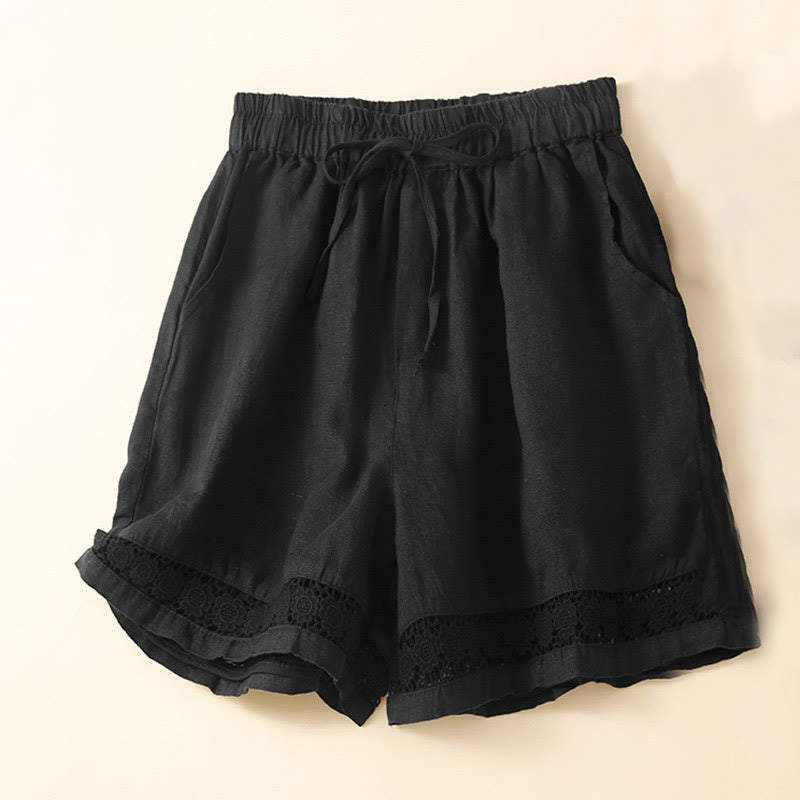 Buddha Stones Plain Color Bottom Hollow Lace Design Lace-up Cotton Linen Women's Shorts With Pockets