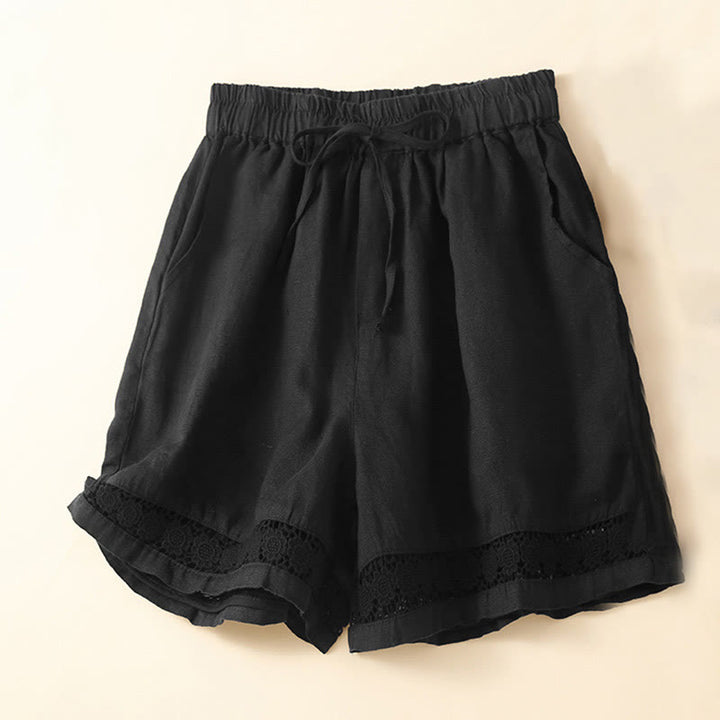 Buddha Stones Plain Color Bottom Hollow Lace Design Lace-up Cotton Women's Shorts With Pockets - Black - US12，UK/AU16，EU44 (3XL) - image 28
