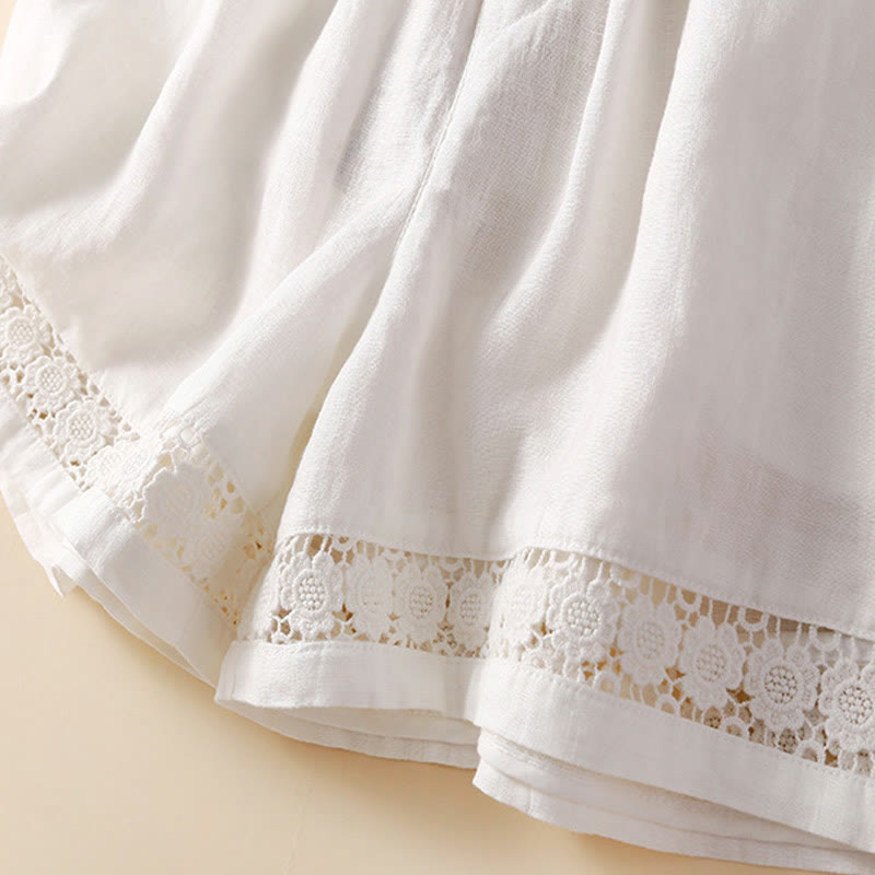 Buddha Stones Plain Color Bottom Hollow Lace Design Lace-up Cotton Women's Shorts With Pockets - image 26