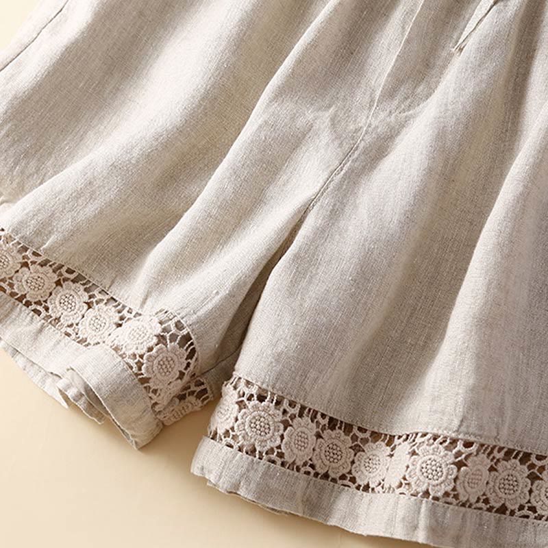 Buddha Stones Plain Color Bottom Hollow Lace Design Lace-up Cotton Linen Women's Shorts With Pockets