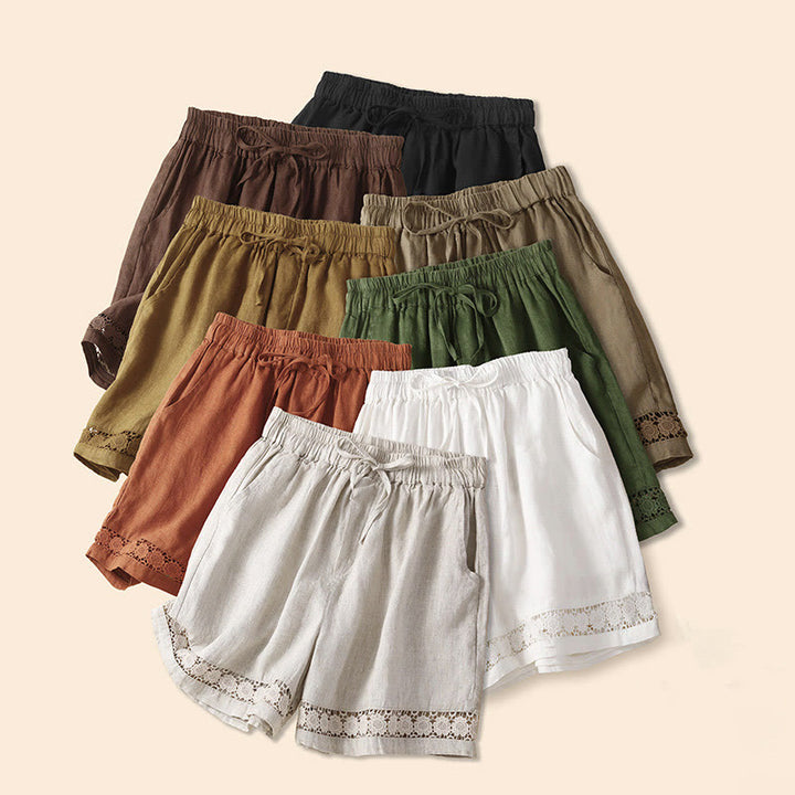 Buddha Stones Plain Color Bottom Hollow Lace Design Lace-up Cotton Linen Women's Shorts With Pockets