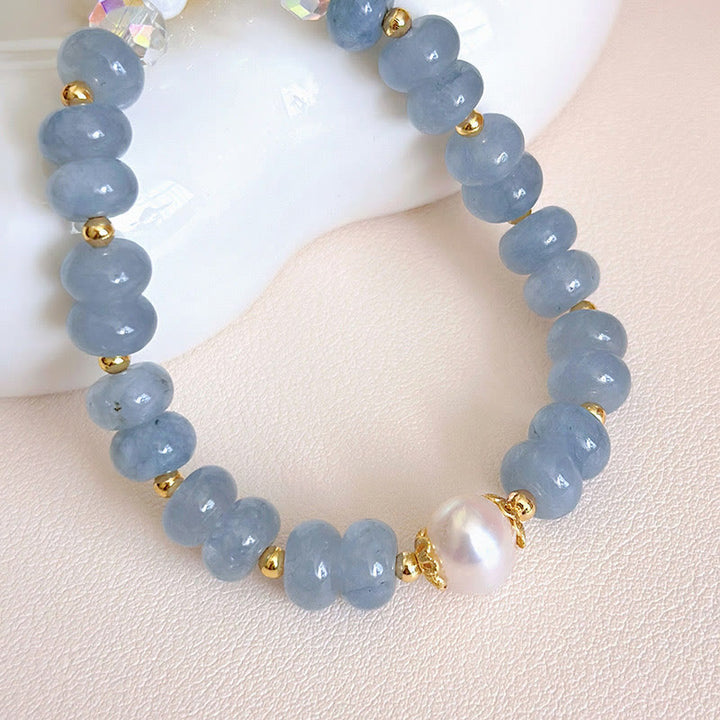 Buddha Stones Natural Aquamarine Pearl Shell Healing Bead Bracelet