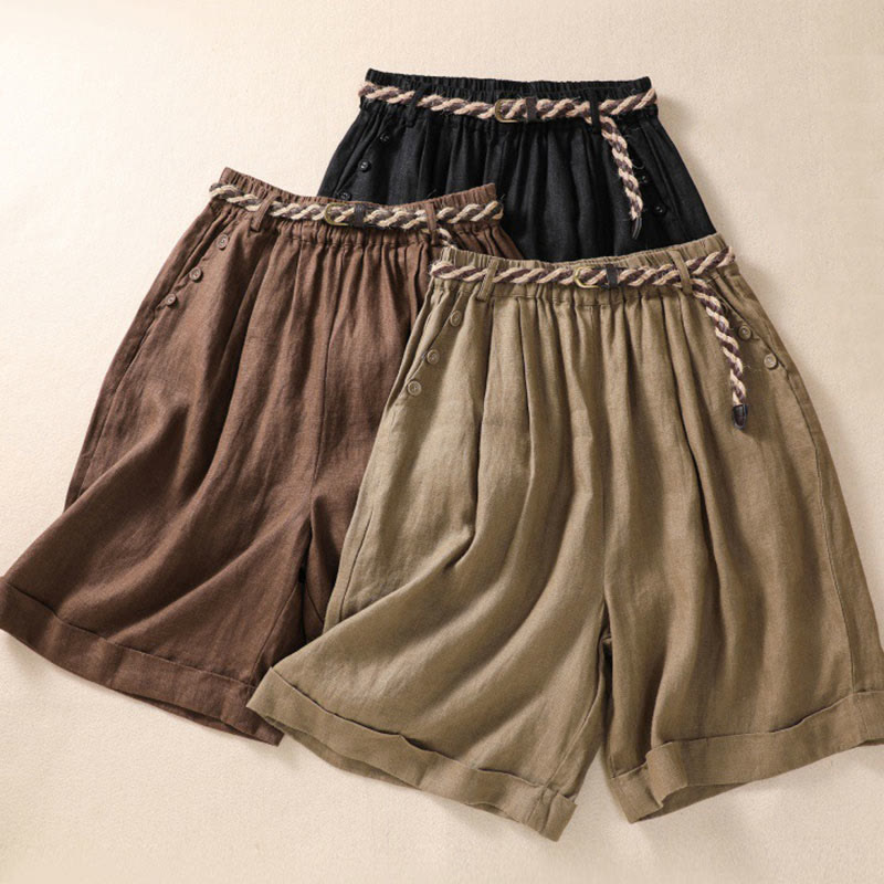 Buddha Stones Casual Solid Color Turn Up Cuff Belt Cotton Linen Women's Shorts With Pockets - image 1
