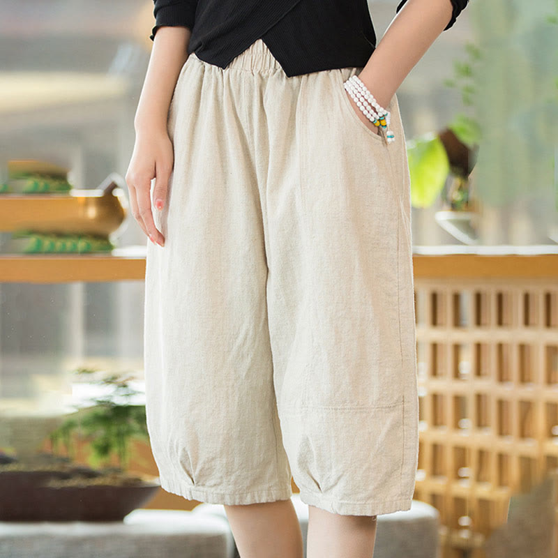 Buddha Stones Casual Plain Color Cotton Ramie Women's Shorts With Pockets