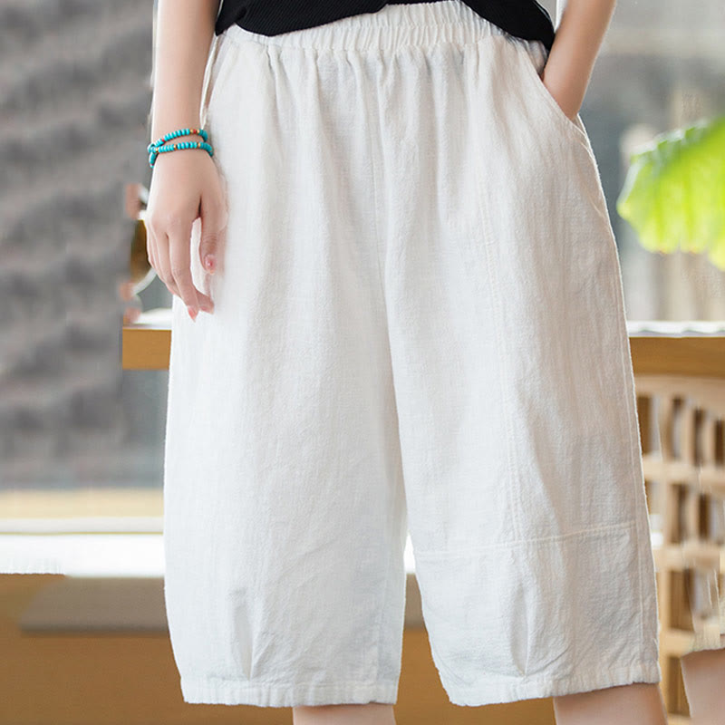 Buddha Stones Casual Plain Color Cotton Ramie Women's Shorts With Pockets