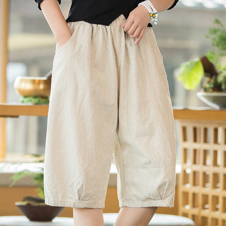 Buddha Stones Casual Plain Color Cotton Ramie Women's Shorts With Pockets