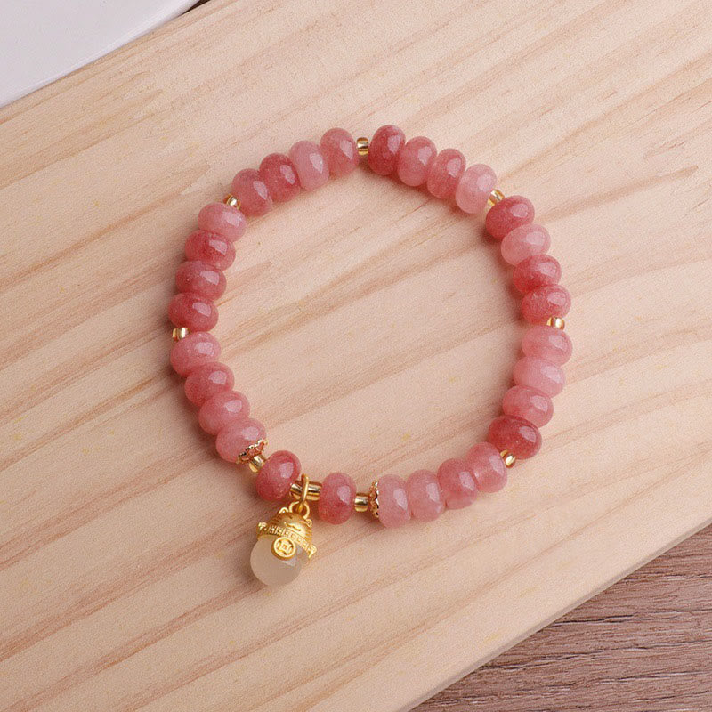 Buddha Stones Strawberry Quartz Cyan Jade Lucky Cat Beads Healing Bracelet - image 8