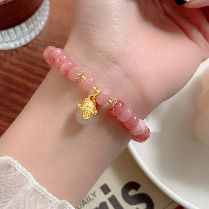 Buddha Stones Strawberry Quartz Cyan Jade Lucky Cat Beads Healing Bracelet - image 9