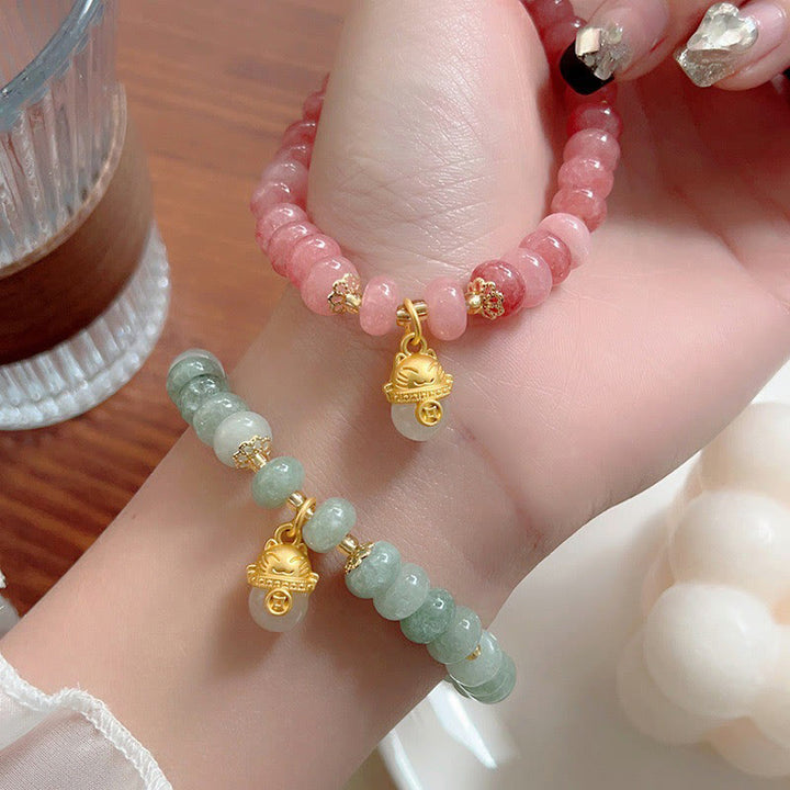 Buddha Stones Strawberry Quartz Cyan Jade Lucky Cat Beads Healing Bracelet - image 19