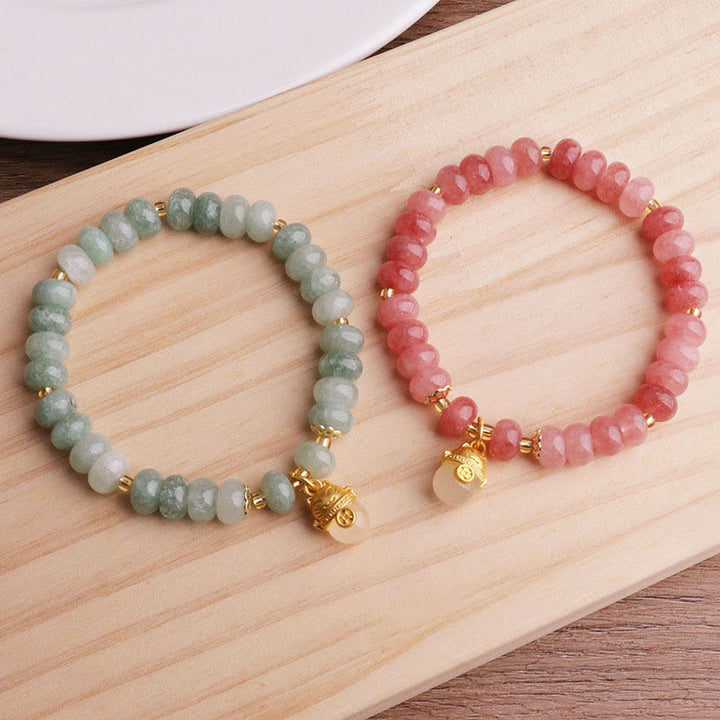 Buddha Stones Strawberry Quartz Cyan Jade Lucky Cat Beads Healing Bracelet - image 20