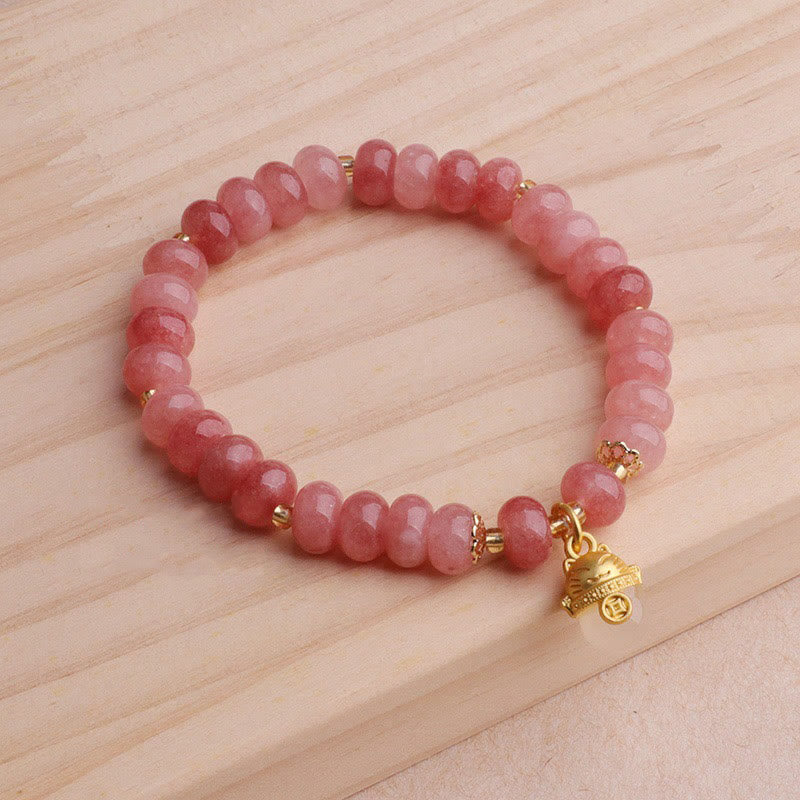 Buddha Stones Strawberry Quartz Cyan Jade Lucky Cat Beads Healing Bracelet - image 7