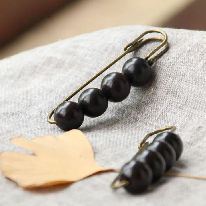 Buddha Stones Vintage Sandalwood Agathis Alba Ebony Wood Peltogyne Beads Healing Brooch