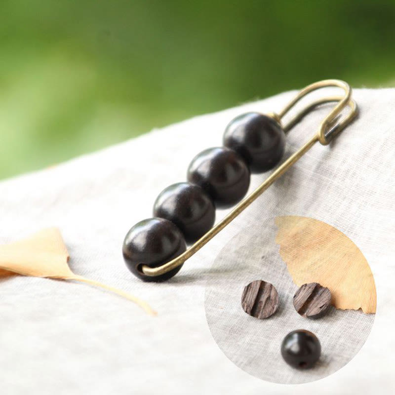 Buddha Stones Vintage Sandalwood Agathis Alba Ebony Wood Peltogyne Beads Healing Brooch