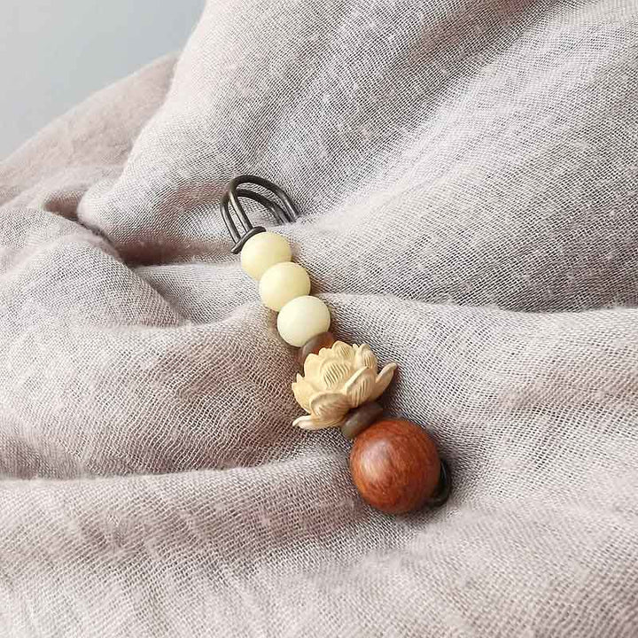 Buddha Stones Vintage Bodhi Seed Boxwood Lotus Sandalwood Bead Peace Brooch