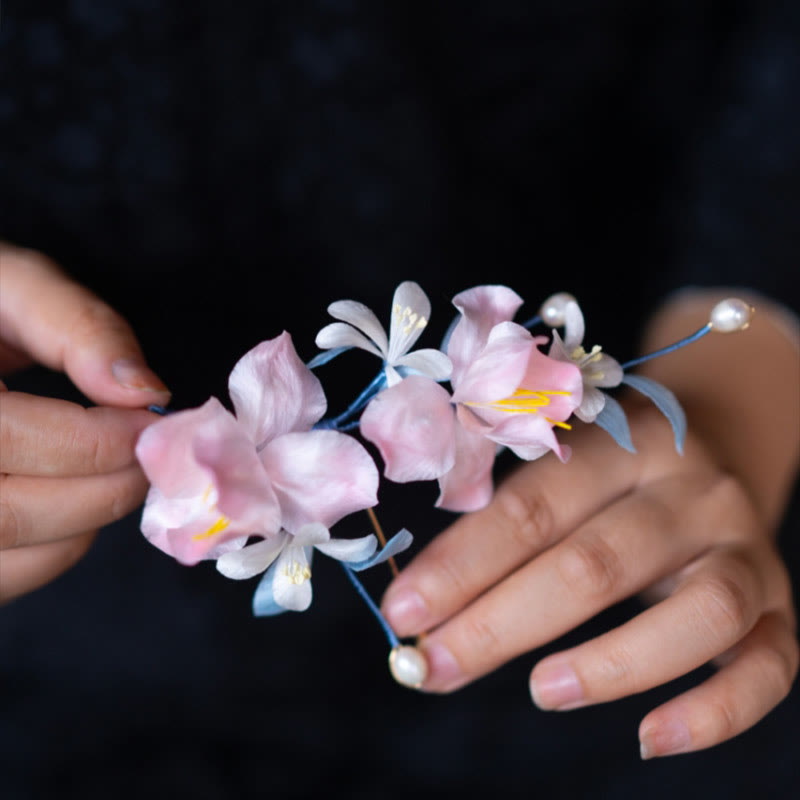 Buddha Stones Handmade Velvet Flower Mulberry Silk Pink Iris Vine Brooch Hairpin