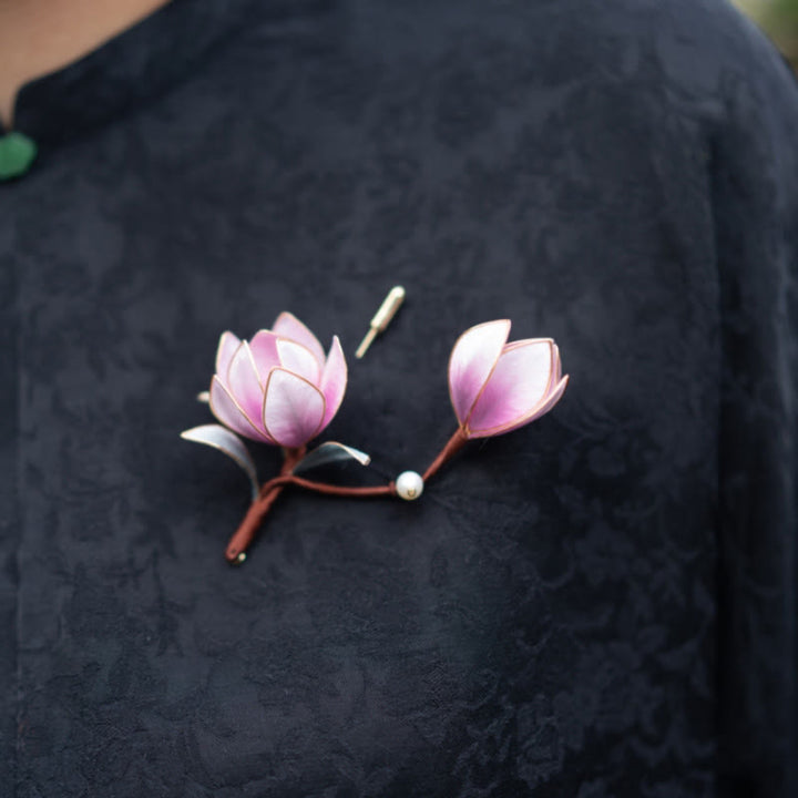 Buddha Stones Handmade Yangzhou Velvet Flower Mulberry Silk Purple Magnolia Brooch Hairpin