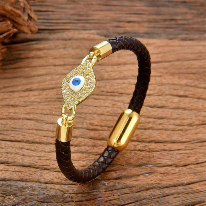 Buddha Stones Evil Eye Protection Leather Metal Buckle Bracelet