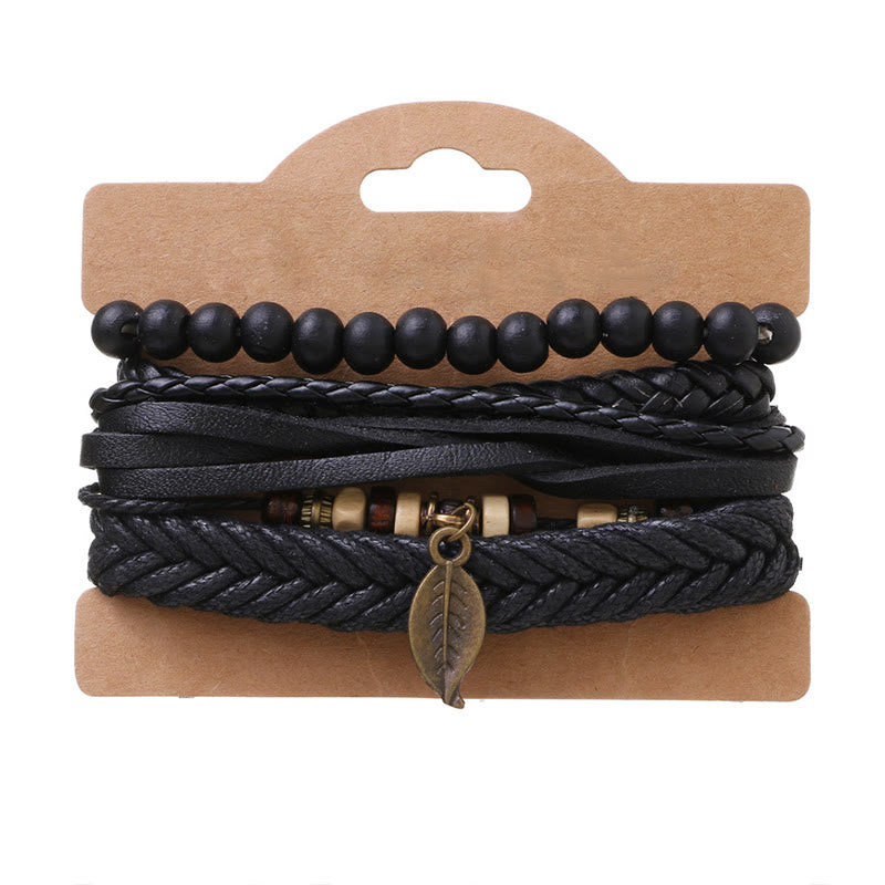 Buddha Stones Leaf Multi-layer Twisted Leather Resin Beads Courage Bracelet Set