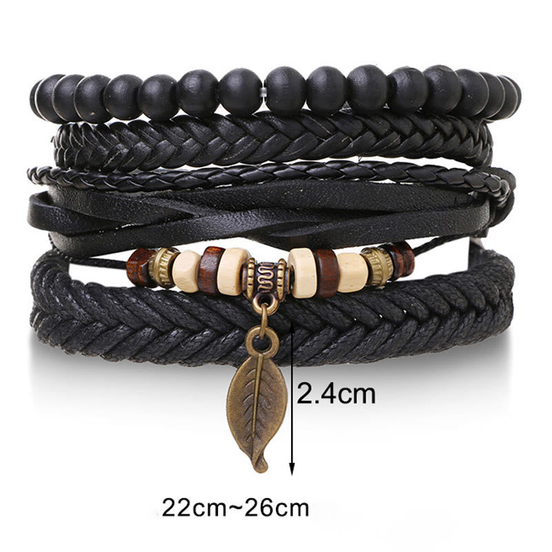 Buddha Stones Leaf Multi-layer Twisted Leather Resin Beads Courage Bracelet Set