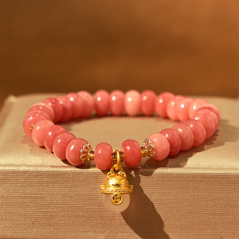 Buddha Stones Strawberry Quartz Cyan Jade Lucky Cat Beads Healing Bracelet - Strawberry Quartz (Wrist Circumference: 15-16cm) - image 1