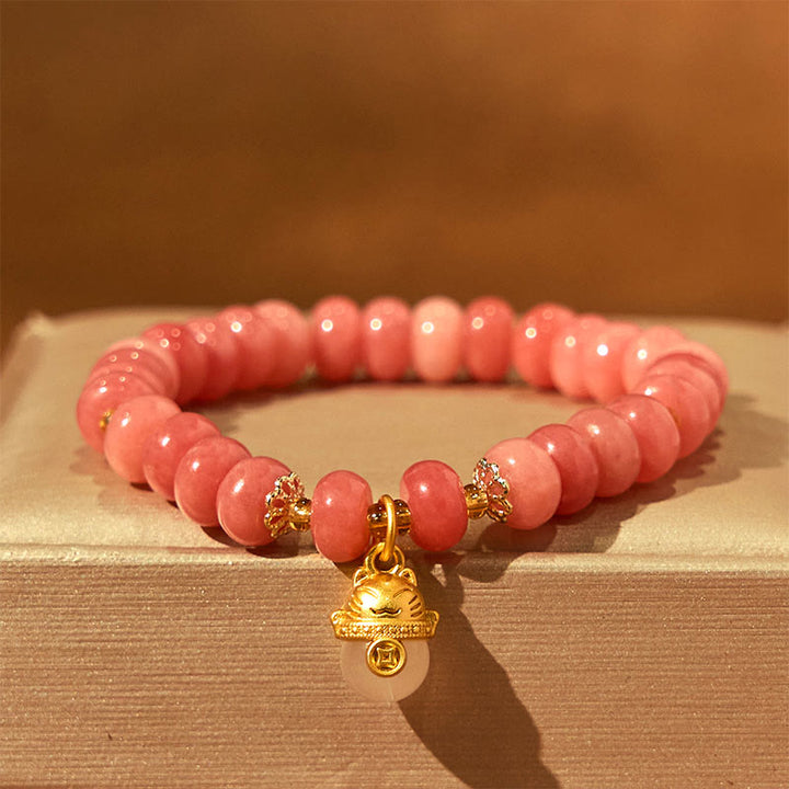 Buddha Stones Strawberry Quartz Cyan Jade Lucky Cat Beads Healing Bracelet - Strawberry Quartz (Wrist Circumference: 15-16cm) - image 1