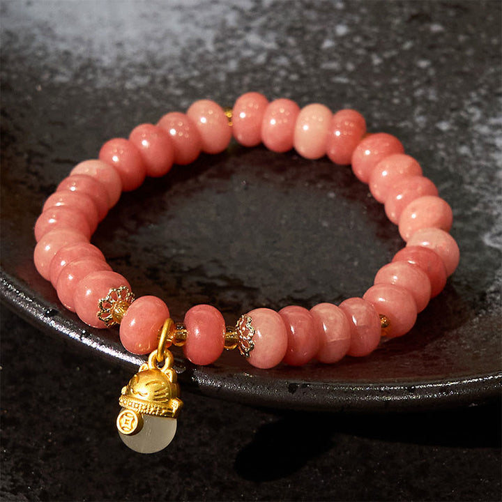 Buddha Stones Strawberry Quartz Cyan Jade Lucky Cat Beads Healing Bracelet - image 2