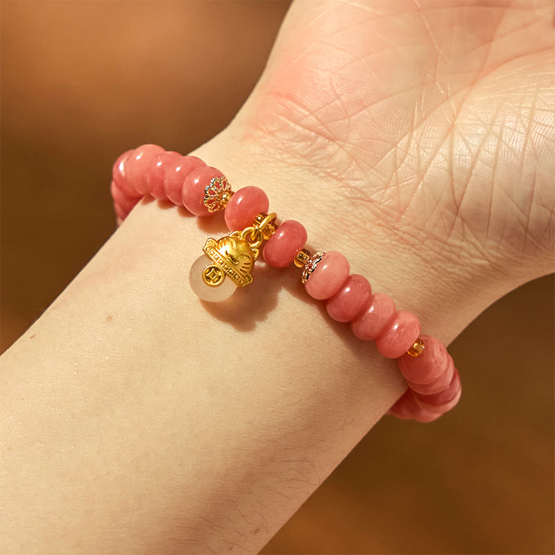 Buddha Stones Strawberry Quartz Cyan Jade Lucky Cat Beads Healing Bracelet - image 6