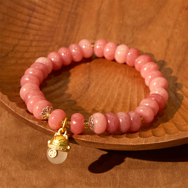 Buddha Stones Strawberry Quartz Cyan Jade Lucky Cat Beads Healing Bracelet - image 4