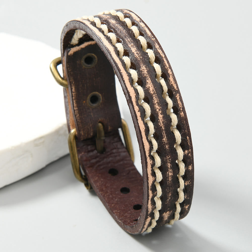 Buddha Stones Vintage Leather Adjustable Buckle Strengthen Bracelet