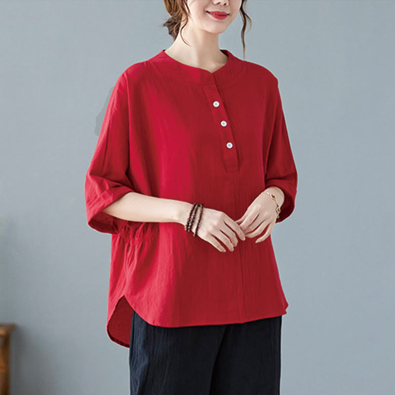 Buddha Stones Women's Plain Batwing Sleeve Design Half Sleeve Cotton Linen Shirt - image 22