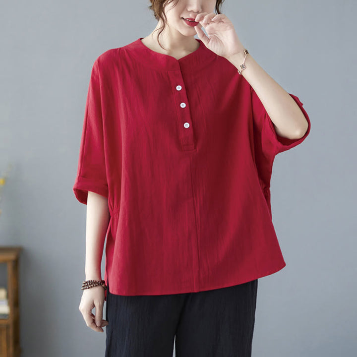 Buddha Stones Women's Plain Batwing Sleeve Design Half Sleeve Cotton Linen Shirt