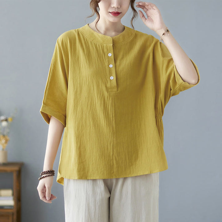 Buddha Stones Women's Plain Batwing Sleeve Design Half Sleeve Cotton Linen Shirt - image 12