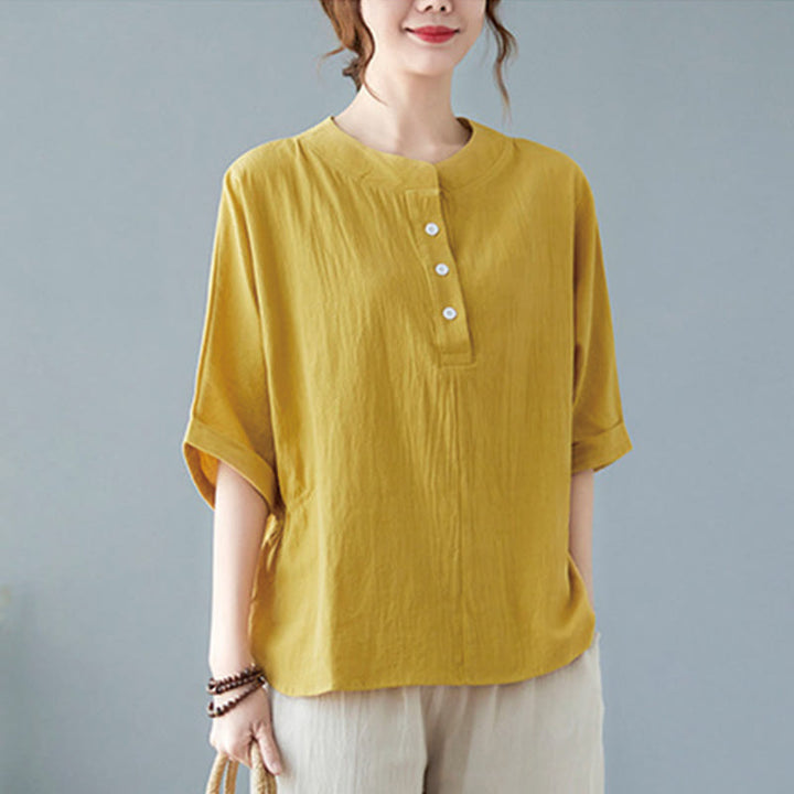 Buddha Stones Women's Plain Batwing Sleeve Design Half Sleeve Cotton Linen Shirt - image 11