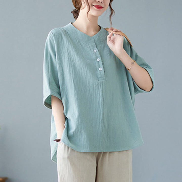 Buddha Stones Women's Plain Batwing Sleeve Design Half Sleeve Cotton Linen Shirt - image 1