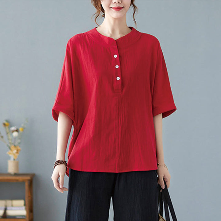 Buddha Stones Women's Plain Batwing Sleeve Design Half Sleeve Cotton Linen Shirt