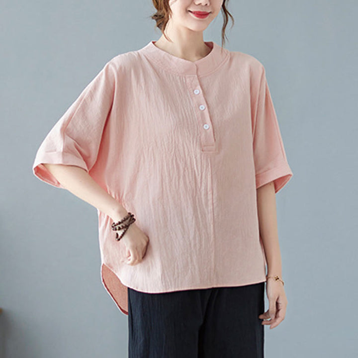 Buddha Stones Women's Plain Batwing Sleeve Design Half Sleeve Cotton Linen Shirt - image 17