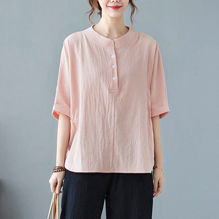 Buddha Stones Women's Plain Batwing Sleeve Design Half Sleeve Cotton Linen Shirt - image 19