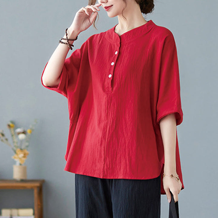 Buddha Stones Women's Plain Batwing Sleeve Design Half Sleeve Cotton Linen Shirt