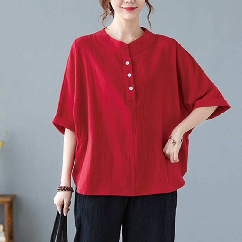 Buddha Stones Women's Plain Batwing Sleeve Design Half Sleeve Cotton Linen Shirt