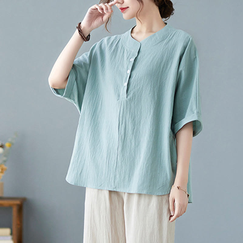 Buddha Stones Women's Plain Batwing Sleeve Design Half Sleeve Cotton Linen Shirt - image 5