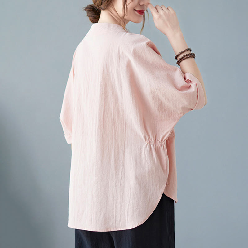 Buddha Stones Women's Plain Batwing Sleeve Design Half Sleeve Cotton Linen Shirt - image 18