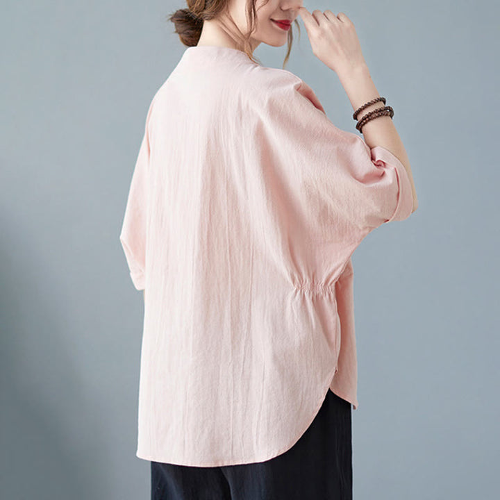 Buddha Stones Women's Plain Batwing Sleeve Design Half Sleeve Cotton Linen Shirt - image 18